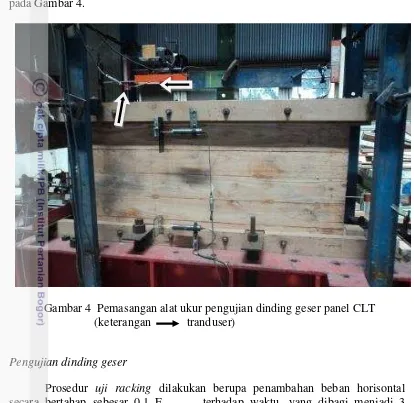 Gambar 4  Pemasangan alat ukur pengujian dinding geser panel CLT 