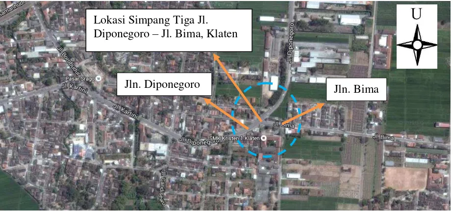 Gambar 1.1 Lokasi Simpang Tiga Jl. Diponegoro – Jl. Bima, Klaten 
