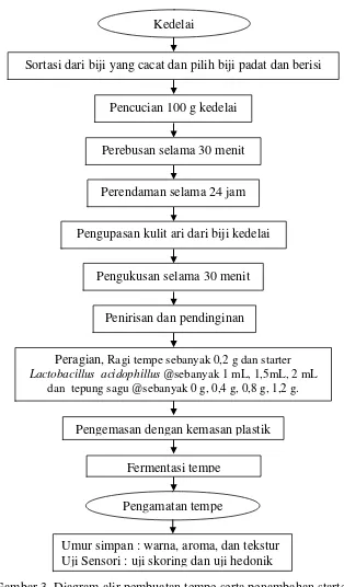Gambar 3. Diagram alir pembuatan tempe serta penambahan starter  Sumber : Aptesia (2013) yang dimodifikasi 