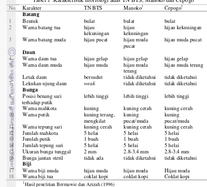 Tabel 1  Karakteristik morfologi adas TN BTS, Manoko dan Cepogo 