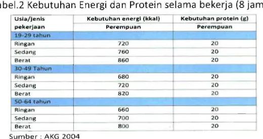 Tabel.2  Kebutuhan Energi dan Protein selama bekerja (8 jam)  