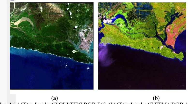 Gambar 4 (a) Citra Landsat 8 OLI TIRS RGB 542, (b) Citra Landsat 7 ETM+ RGB 431. 