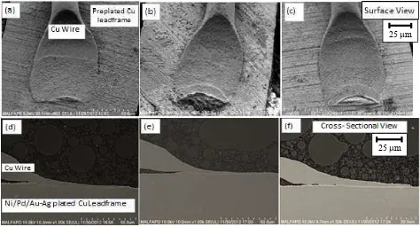 Fig. 2 Surface and cross-sectional FESEM micrographs of stitch bonding of Cu wire on the 
