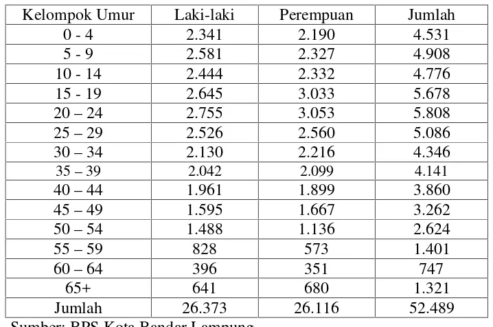 Tabel 4. Jumlah Penduduk menurut Umur dan Jenis Kelamin di KecamatanSukarame 2012