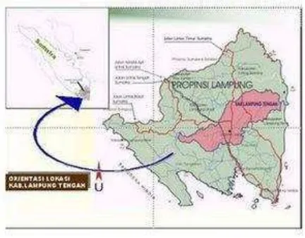 Gambar 2. Peta lokasi Kabupaten Lampung Tengah  Koordinat: 104°35’ - 105°50’ BT 4°30” - 4°15’ LS 