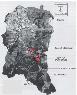 Gambar 10 Kota Tuo Sawahlunto (779,6 Ha) dan pemekaran wilayah administrasi pada tahun 1990 (27.347 Ha)