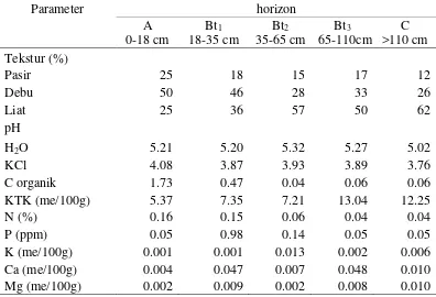 Tabel 1 Sifat kimia dan fisik setiap horizon tanah pada profil contoh yang diambil 