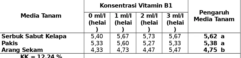 Tabel 1. Tinggi bibit (cm) anggrek Dendrobium sp. pada beberapa jenis media tanamdan konsentrasi vitamin B1 selama 14 minggu masa setelah tanam