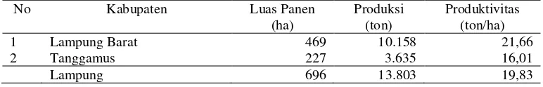 Tabel 4. Luas panen, produksi, dan produktivitas tanaman kubis menurut kabupaten di Provinsi Lampung tahun 2012