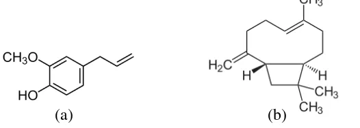 Gambar 2.1 Struktur  molekul: (a) eugenol dan (b)β-caryophyllene (Sastrohamidjojo 2002) 