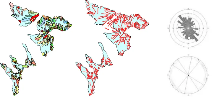 Figure 6.  Delineated second order Catchments on the left, lineaments of second order in the                    middle, and dominance of lineaments directions of second order on the right 