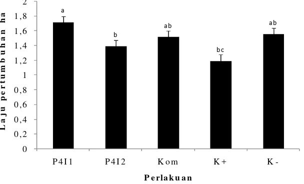 Gambar 4 Laju pertumbuhan ikan lele dumbo (C. gariepinus) pada perlakuanprobiotik Bacillus P4I1 RifR, Bacillus P4I2 RifR, Kom (Bacillus P4I1RifR+Bacillus P4I2 RifR) dan kontrol