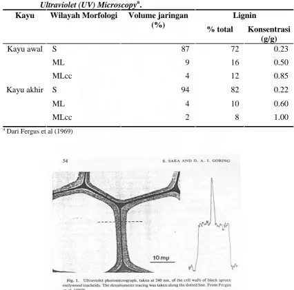 Tabel I.  Distribusi lignin pada trakheid Black spruce yang ditentukan dengan Ultraviolet (UV) Microscopya
