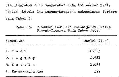 Tabel 3. Produksi Padi dan Palawija di Daerah Puncak-Cisarua Pada Tahun 1989. 