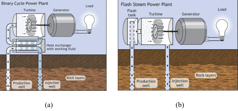 Figure 2.6: Binary cycle power plant (a) and Flash steam power plant (b) 