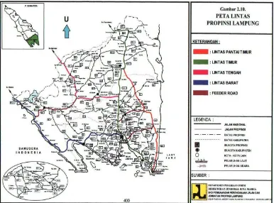 Gambar 2.1. Peta Jaringan Jalan Provinsi dan Nasional di Propinsi Lampung. (Sumber: Departemen Pekerjaan Umum) 