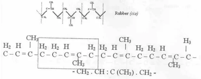 Gambar 1. Struktur Molekul dan Rumus Bangun Karet Alam (Robinson, 1991) Lateks terdiri partikel karet dan bukan karet, komposisi karet berbeda-beda tergantung pada pohon, faktor genetic dan lingkungan