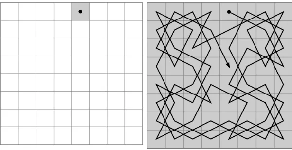 Figure 1.1: Example of an open knight’s tour of a chessboard and the visited squares shaded 