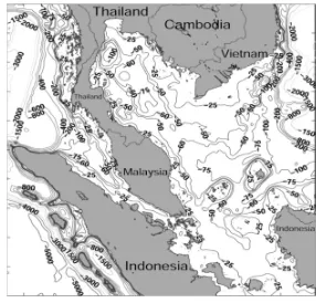 Fig. 1. Bathymetry map of Peninsular Malaysia. Depth contours are in meters. 