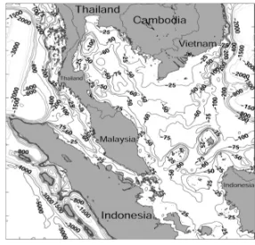 Fig. 1. Bathymetry map of Peninsular Malaysia. Depth contours are in meters. 