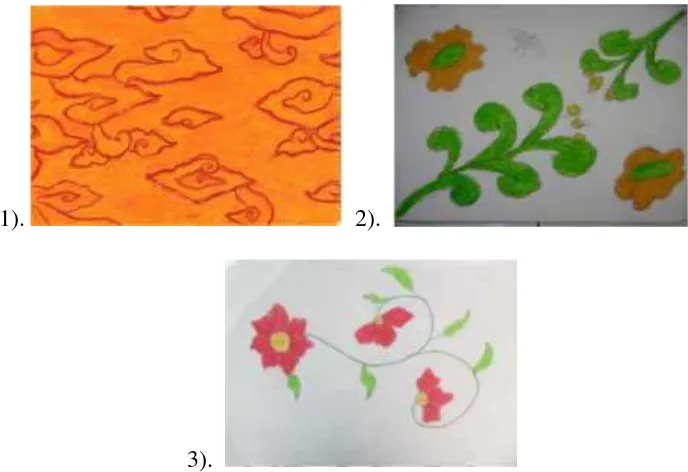 Gambar 6: Hasil Gambar motif batik kelas VIIIC pada kondisi awal 1)yang cukup kreatif tapi masih kurang dalam pengembangan bentuk, 3) motifmotif batik siswa yang kurang kreatif, hanya meniru, 2) motif batik siswabatik siswa yang cukup kreatif tetapi bidang