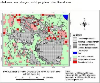 Gambar 4.   Peta Intensitas Kerusakan Kebakaran Hutan Menggunakan Data Hotspot,  Peta Tutupan Lahan dan Peta Areal Terbakar
