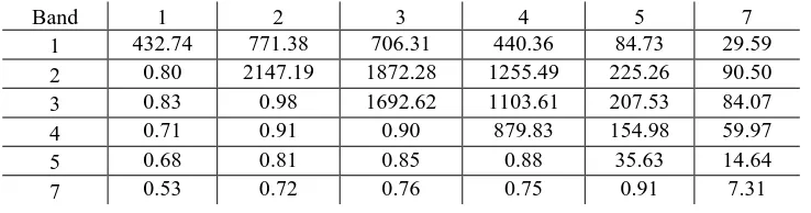 Table 1: Cloud covariances (along and above the diagonal) and correlations (below the diagonal) calculated from Landsat bands 1, 2, 3, 4, 5 and 7