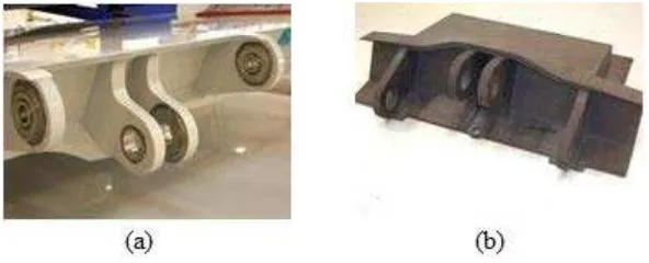 Figure 1.2 : FACC Carbon Composite Center Hinge Fitting (Dawson, 2006): (a) Metal  Bushings and Bearings Installed in the Fitting Lugs; (b) Hinge Fitting Molded via RTM  