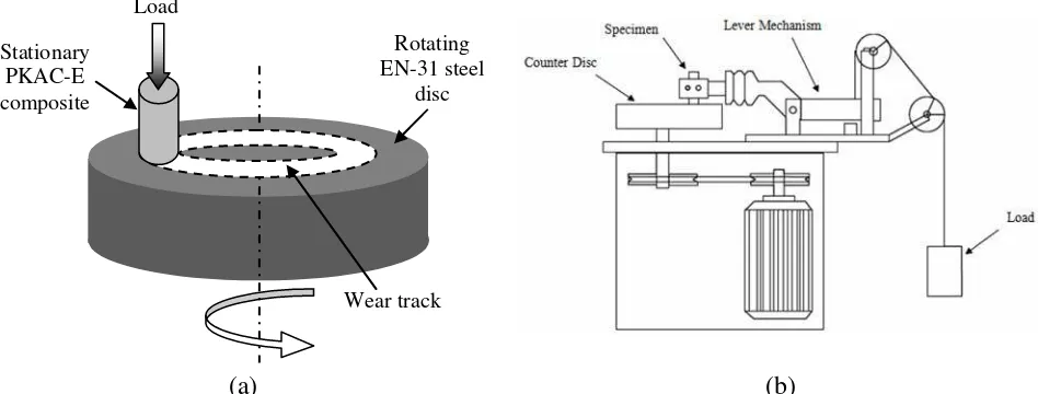 Figure 2 (a) Illustration and (b) schematic diagram of the sliding test using a pin-on-disc tribometer 
