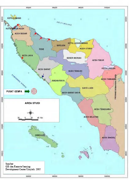 Gambar 1. Peta area studi di kawasan Pantai Timur dan Pantai Barat Nanggroe Aceh Darussalam