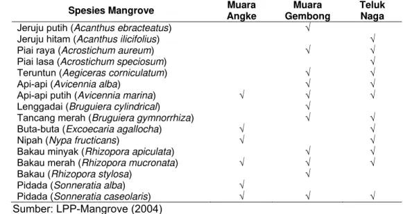 Tabel  10.  Spesies mangrove yang ditemukan di Muara Angke, Muara  Gembong, Teluk Naga 