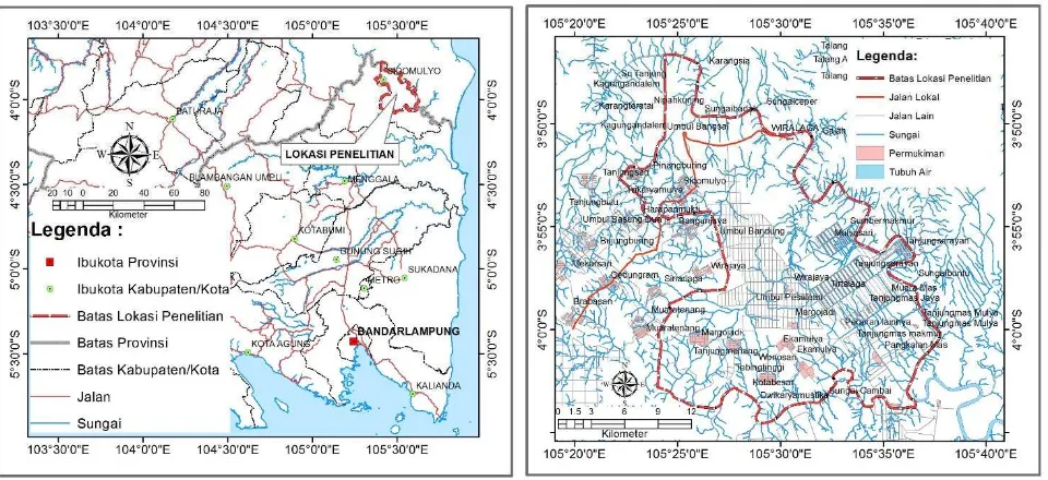 Gambar 1. Peta Situasi (a) dan Peta Kawasan (b) wilayah penelitian Mesuji 