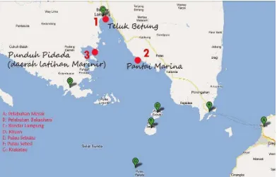 Gambar 1.1. Warna merah titik koordinat lokasi penelitian di Teluk Lampung  