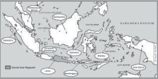 Gambar 2.3 Peta daerah kekuasaan Kerajaan MajapahitSumber: Atlas Sejarah Indonesia dan Dunia, Penerbit Mastara Tahun 2004