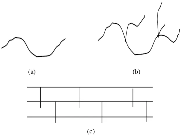Gambar 1. Struktur polimer (a) rantai lurus, (b) bercabang, (c) tiga dimensi   
