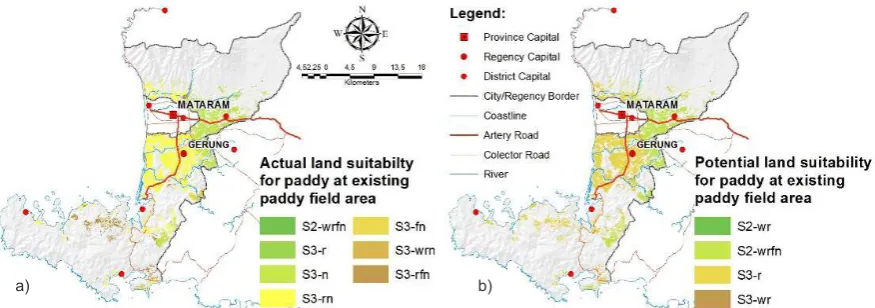 Figure 4. Map of actual (a) and potential (b) land suitability for paddy ield in existing paddy ield area in West Lombok Regency.