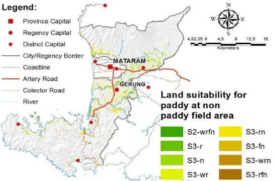 Figure 5 presents the land suitability of potential land which can be developed as paddy ield
