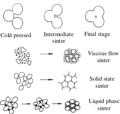 Gambar 2.9. Skema representasi tahap sintering dan jenis proses sinter (McClom and Clark, 1998)