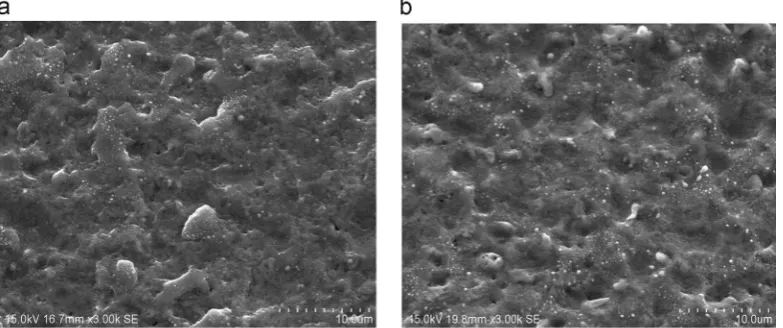Fig. 6. SEM micrographs of machined surfaces after machining time of 2 min with ultrasonic cavitation in (a) pure EDM oil and (b) carbon nanoﬁbers mixed EDM oil.