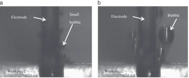 Fig. 13. High speed camera observation of micro-EDM without ultrasonic cavitation: (a) early stage and (b) later stage.