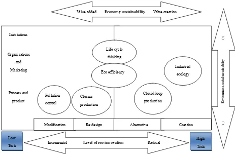 Figure 2. Conceptual diagram of radical-incremental eco innovation towards sustainability development adapted from (Carrillo-Hermosilla et al., 2010; Machiba, 2009;Hellström, 2007)  