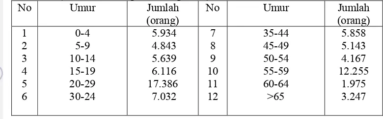 Tabel 2. Sebaran usia penduduk di desa Sukagalih Kecamatan Megamendung (Kecamatan Megamendung 2006) 