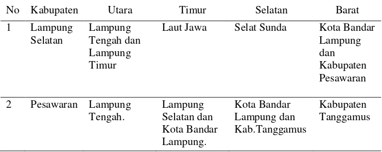 Tabel 4.  Perbatasan wilayah Kabupaten Lampung Selatan dan Kabupaten Pesawaran Provinsi Lampung 2012