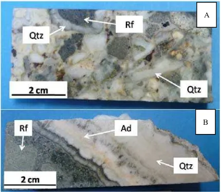 Figure 3 Breccia hydrothermal with cockade texture (A;DRK03_72.85) and banded quartz vein textures (B; 