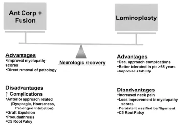 Figure 3. Advantages and disadvantages of anterior versus posterior techniques for decompression in OPLL.10