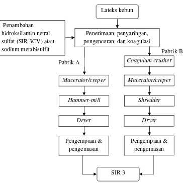 Gambar 1. Proses pengolahan karet remah SIR 3 berbahan baku lateks kebun(Maspanger dan Honggokusumo, 2004)