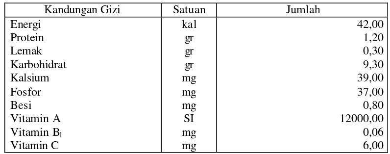 Tabel 9.  Komposisi Kandungan Kimia Wortel Gizi Wortel dalam Setiap    100 gr Umbi Wortel 