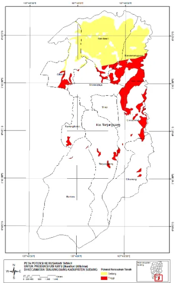 Gambar 1.   Peta Potensi Kerusakan Tanah untuk Produksi Ubi Kayu (Manihot UtilismaI di Kecamatan Tanjungsiang, Kabupaten Sumedang 