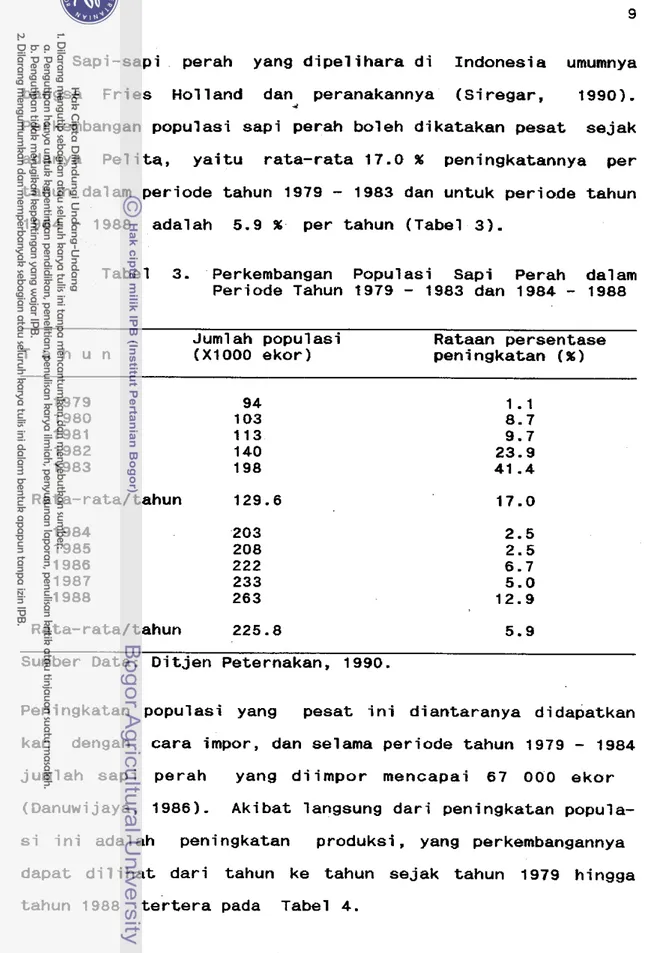 Tabel  3.  Perkembangan  Populasi  Sapi  Perah  dalam  Periode  Tahun  1979  -  1983  dan  1984  -  1988  Jumlah  populasi  Rataan  persentase  T a h u n   ( X I 0 0 0   e k o r )   peningkatan  ( 8 )  
