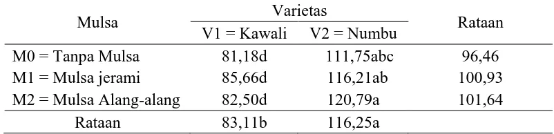 Tabel 6.Rataan produksi per sampel (g) terhadap varietas dan mulsa. Varietas 